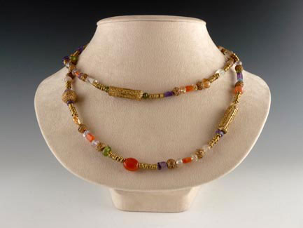 Necklace with Amethyst, Carnelian, Peridot, & Brass Beads